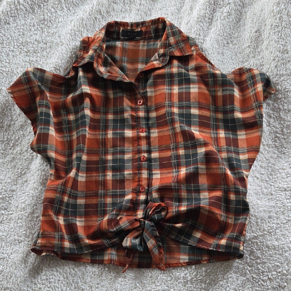 Plaid Tied Crop Top With Cut Out Shoulders- Orange and Green